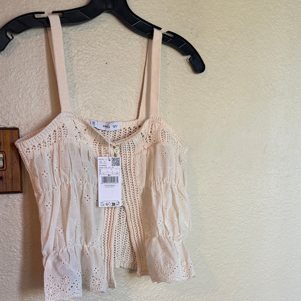 Mango Cream Crochet Eyelet Cami Top